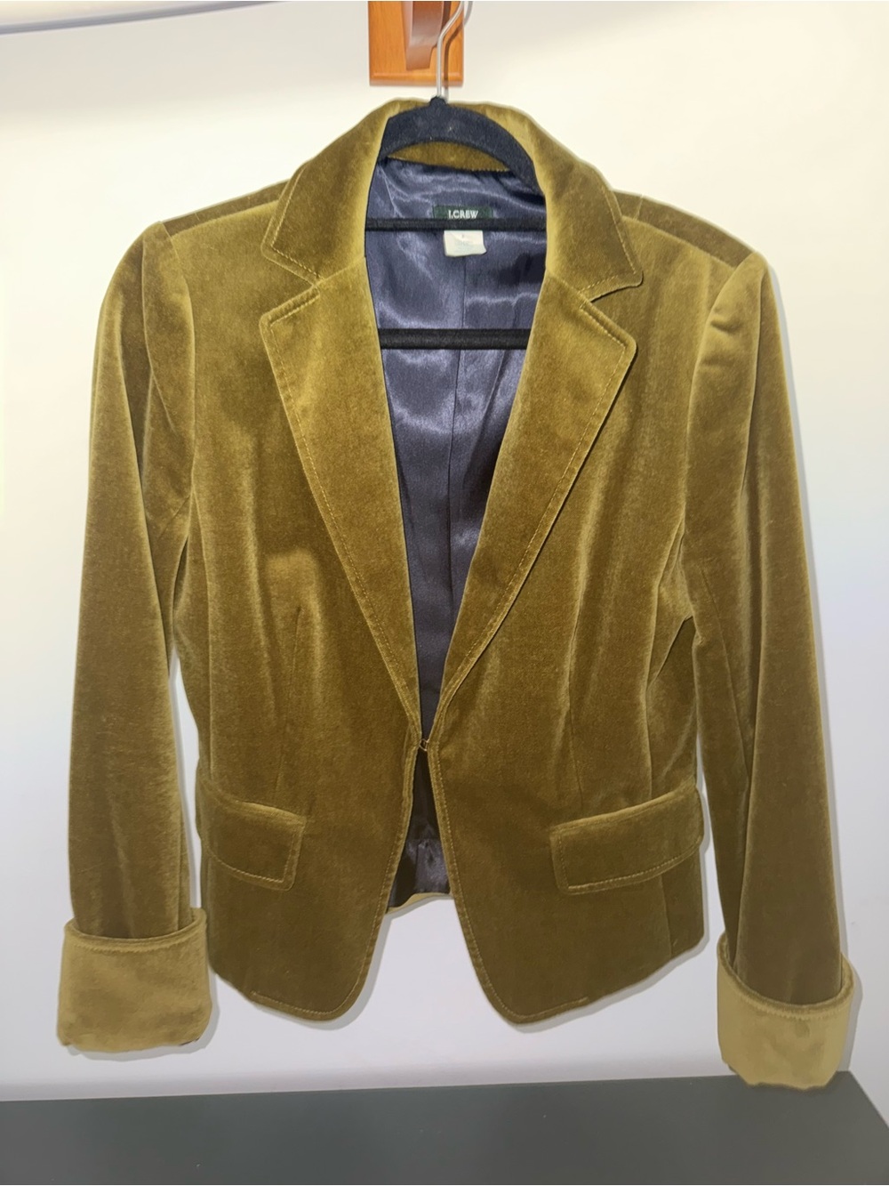 J. Crew Olive Velvet-Like Blazer Hook & Eye Collar Fully Lined Size 8